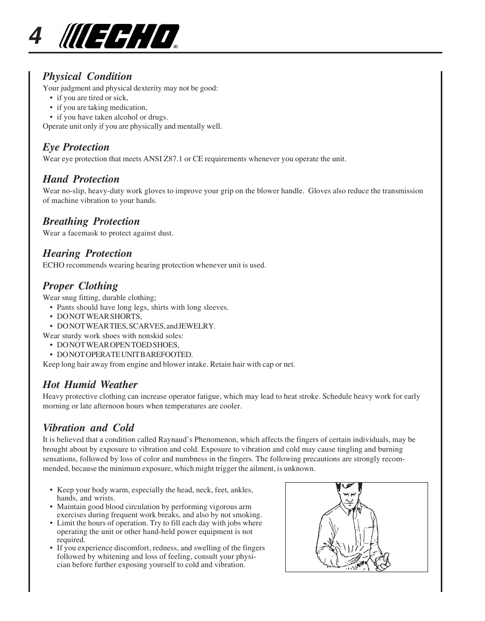 Physical condition, Eye protection, Hand protection | Breathing protection, Hearing protection, Proper clothing, Hot humid weather, Vibration and cold | Echo PB-413H User Manual | Page 4 / 28