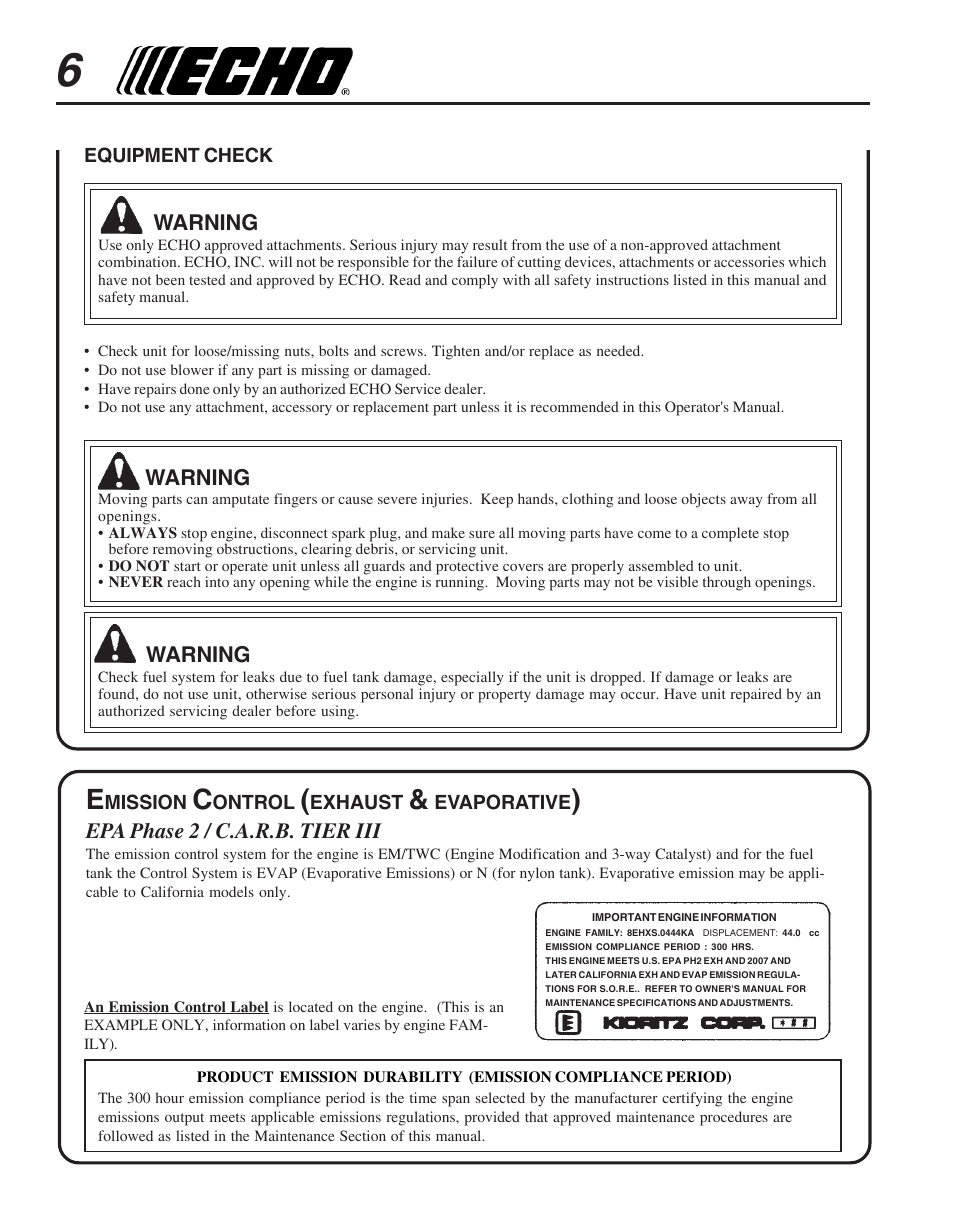 Emission control (exhaust & evaporative) | Echo PB-413H User Manual | Page 6 / 28