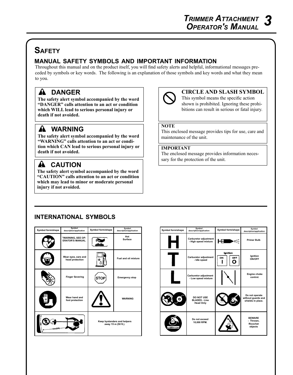 Caution, Warning, Danger | Rimmer, Ttachment, Perator, Anual, Afety manual, Safety, Symbols | Echo 99944200545 User Manual | Page 3 / 16