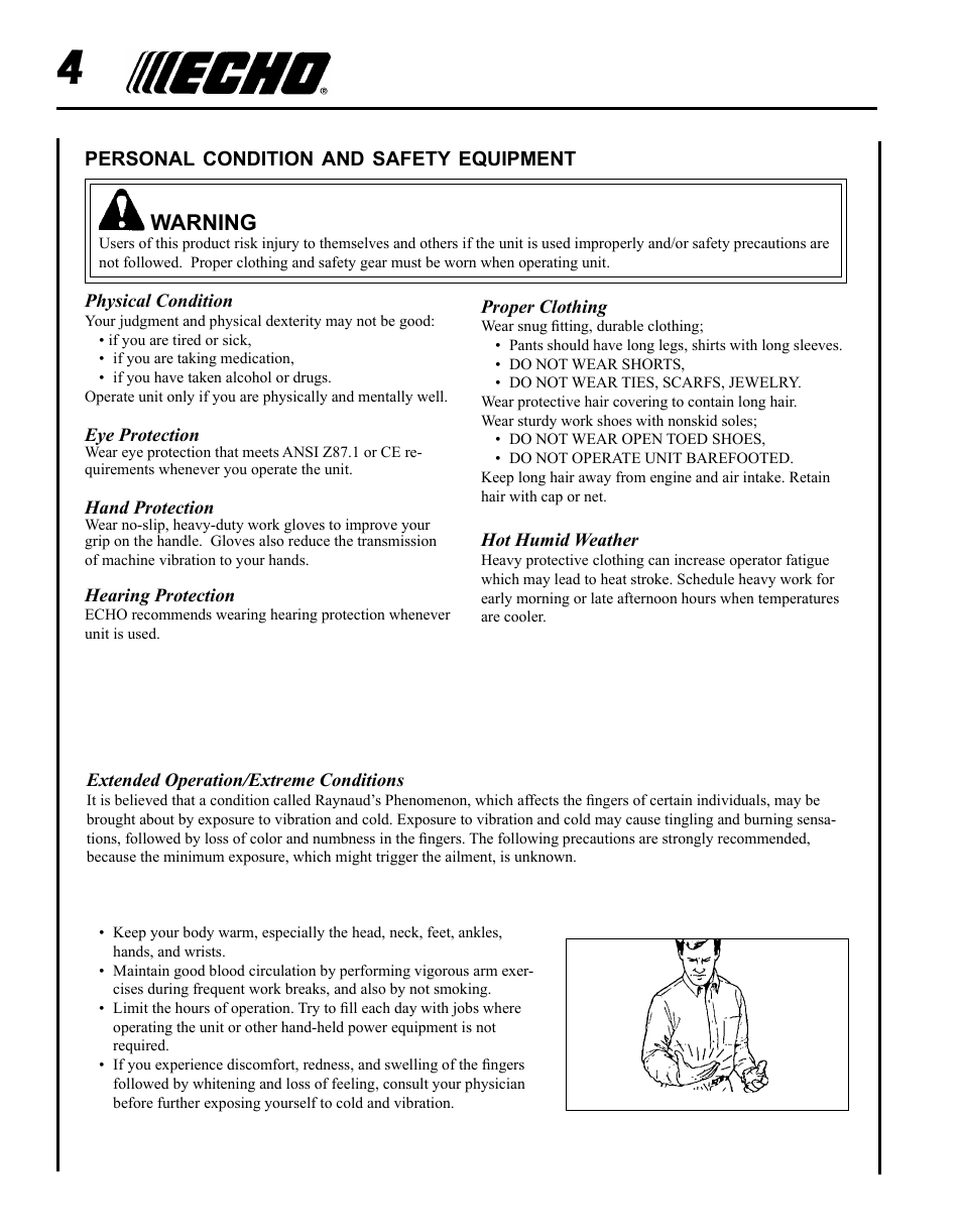 Warning | Echo 99944200545 User Manual | Page 4 / 16