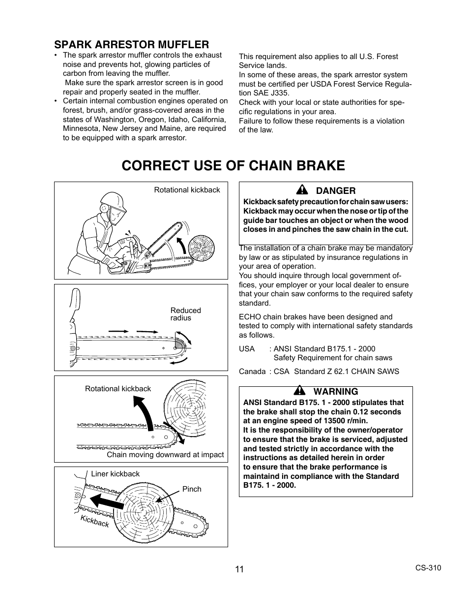 Correct use of chain brake, Spark arrestor muffler | Echo CS-310 User Manual | Page 11 / 40