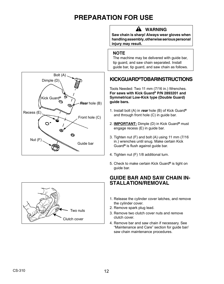 Preparation for use, Kick guard, Guide bar and saw chain in- stallation/removal | Echo CS-310 User Manual | Page 12 / 40
