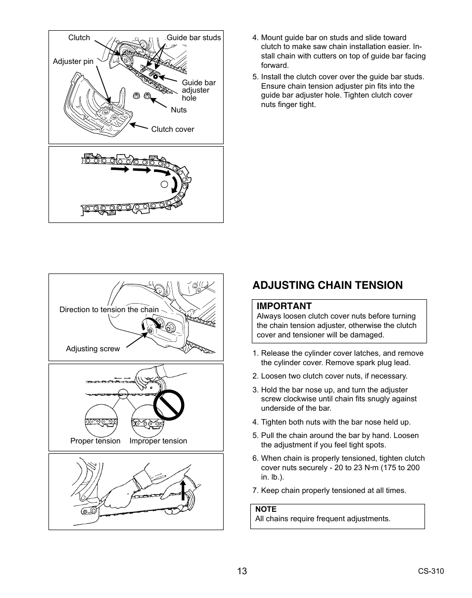 Adjusting chain tension | Echo CS-310 User Manual | Page 13 / 40