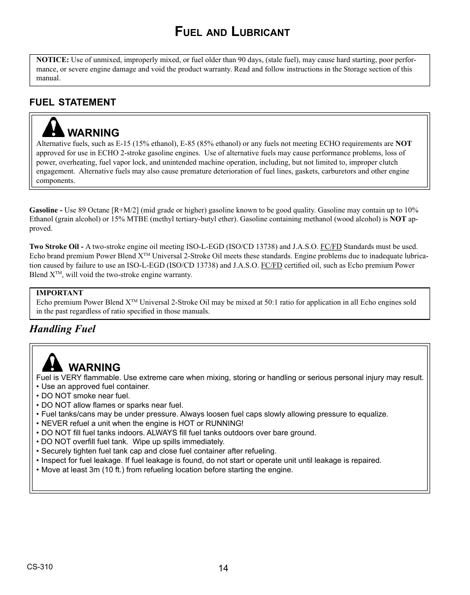 Handling fuel, Warning | Echo CS-310 User Manual | Page 14 / 40