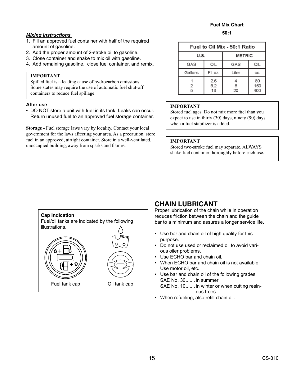 Chain lubricant | Echo CS-310 User Manual | Page 15 / 40