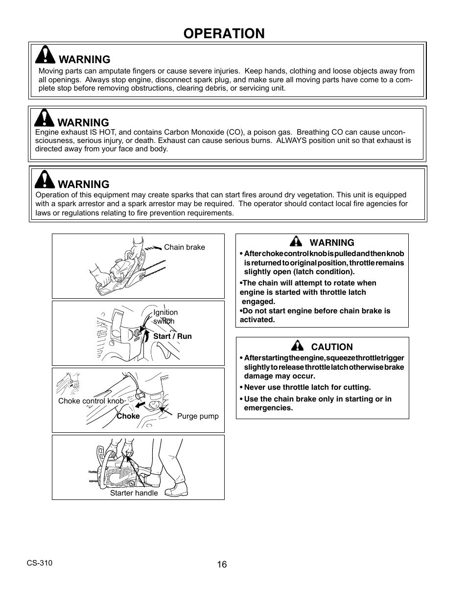Operation, Warning | Echo CS-310 User Manual | Page 16 / 40