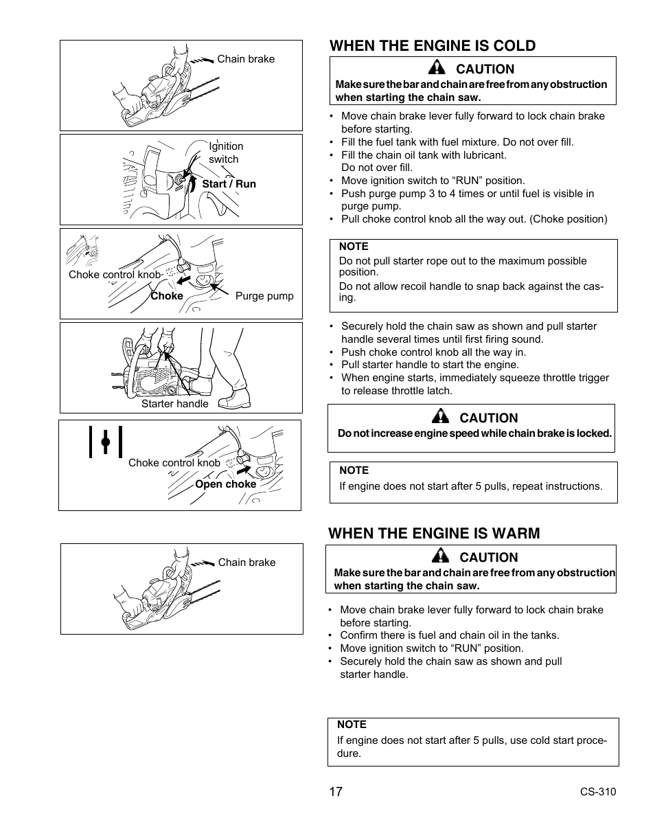 When the engine is warm, When the engine is cold | Echo CS-310 User Manual | Page 17 / 40
