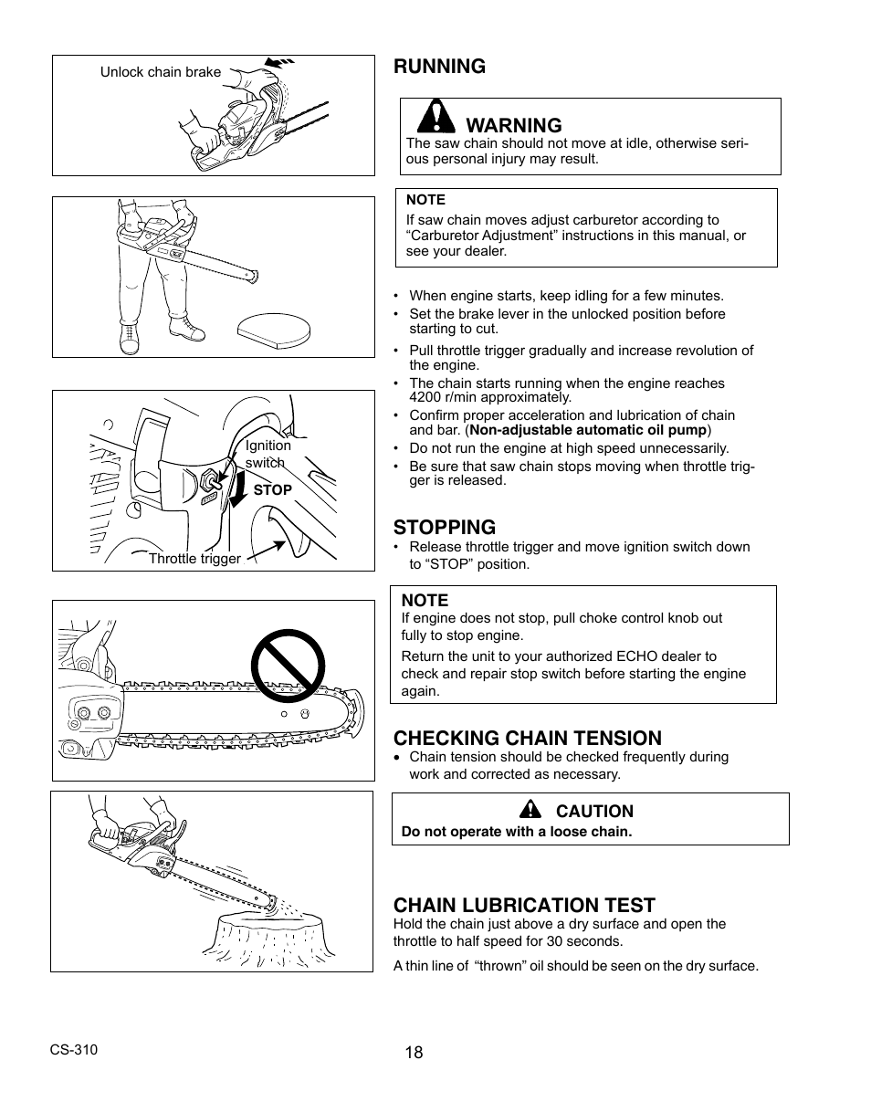 Running warning, Stopping, Checking chain tension | Chain lubrication test | Echo CS-310 User Manual | Page 18 / 40