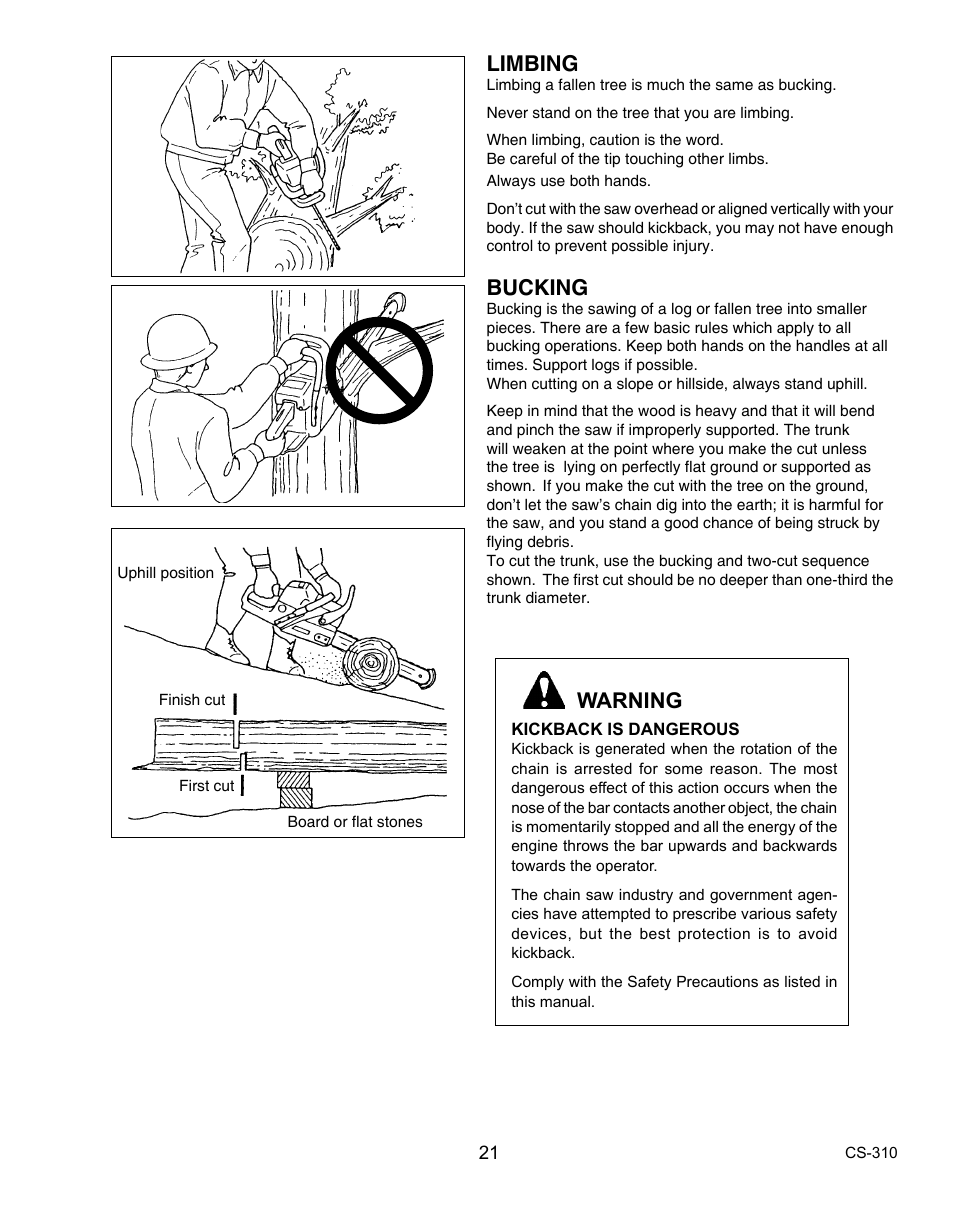 Limbing, Bucking, Warning | Echo CS-310 User Manual | Page 21 / 40