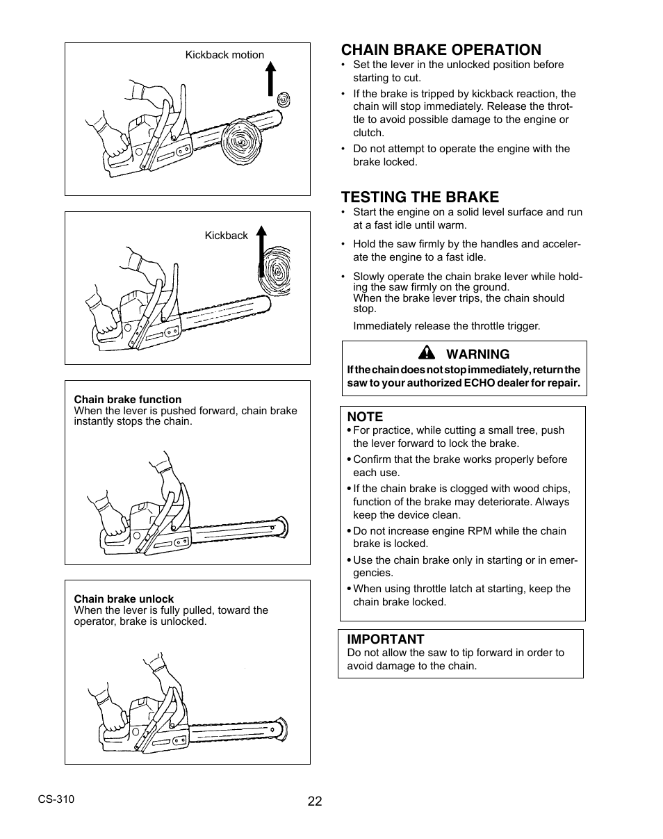 Chain brake operation, Testing the brake | Echo CS-310 User Manual | Page 22 / 40
