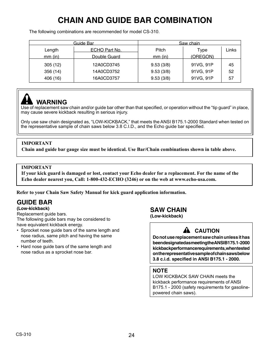 Chain and guide bar combination, Warning, Saw chain | Guide bar | Echo CS-310 User Manual | Page 24 / 40