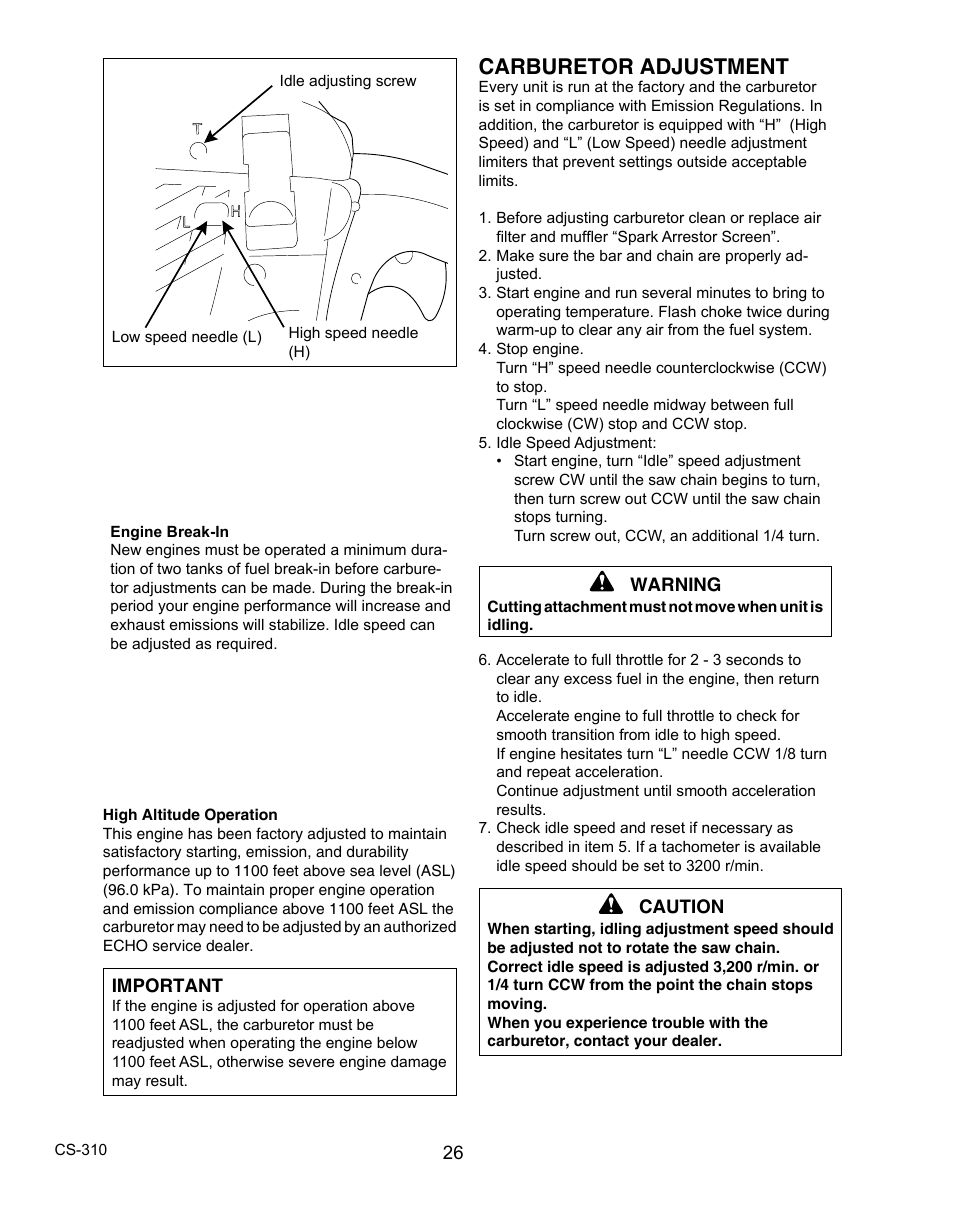 Carburetor adjustment | Echo CS-310 User Manual | Page 26 / 40