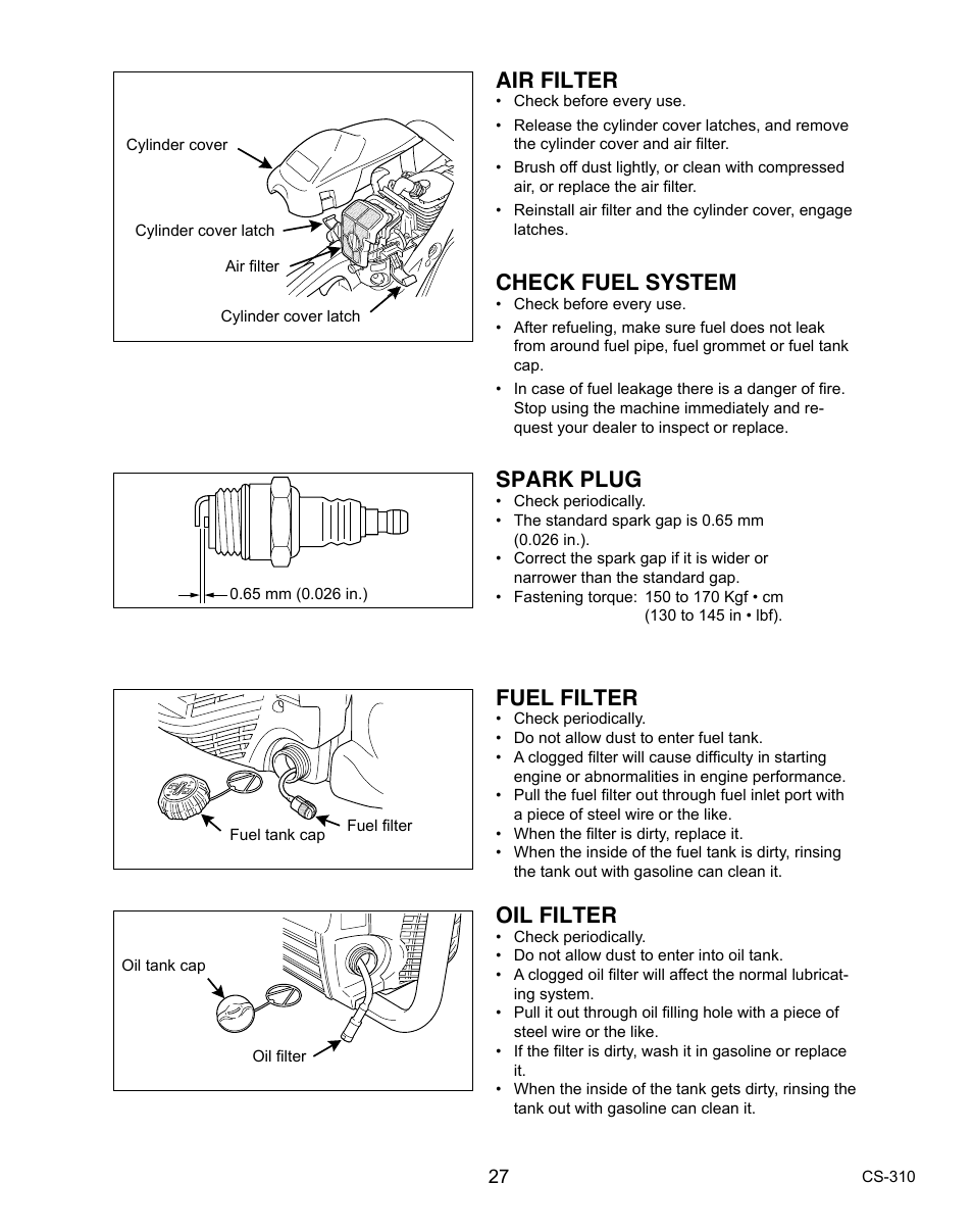 Air filter, Check fuel system, Spark plug | Fuel filter, Oil filter | Echo CS-310 User Manual | Page 27 / 40