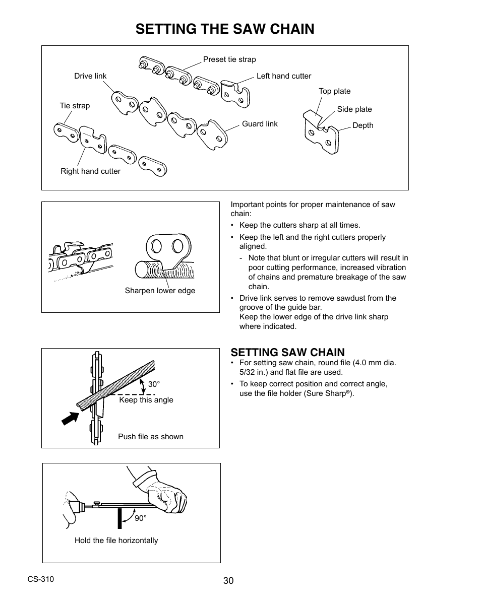 Setting the saw chain, Setting saw chain | Echo CS-310 User Manual | Page 30 / 40