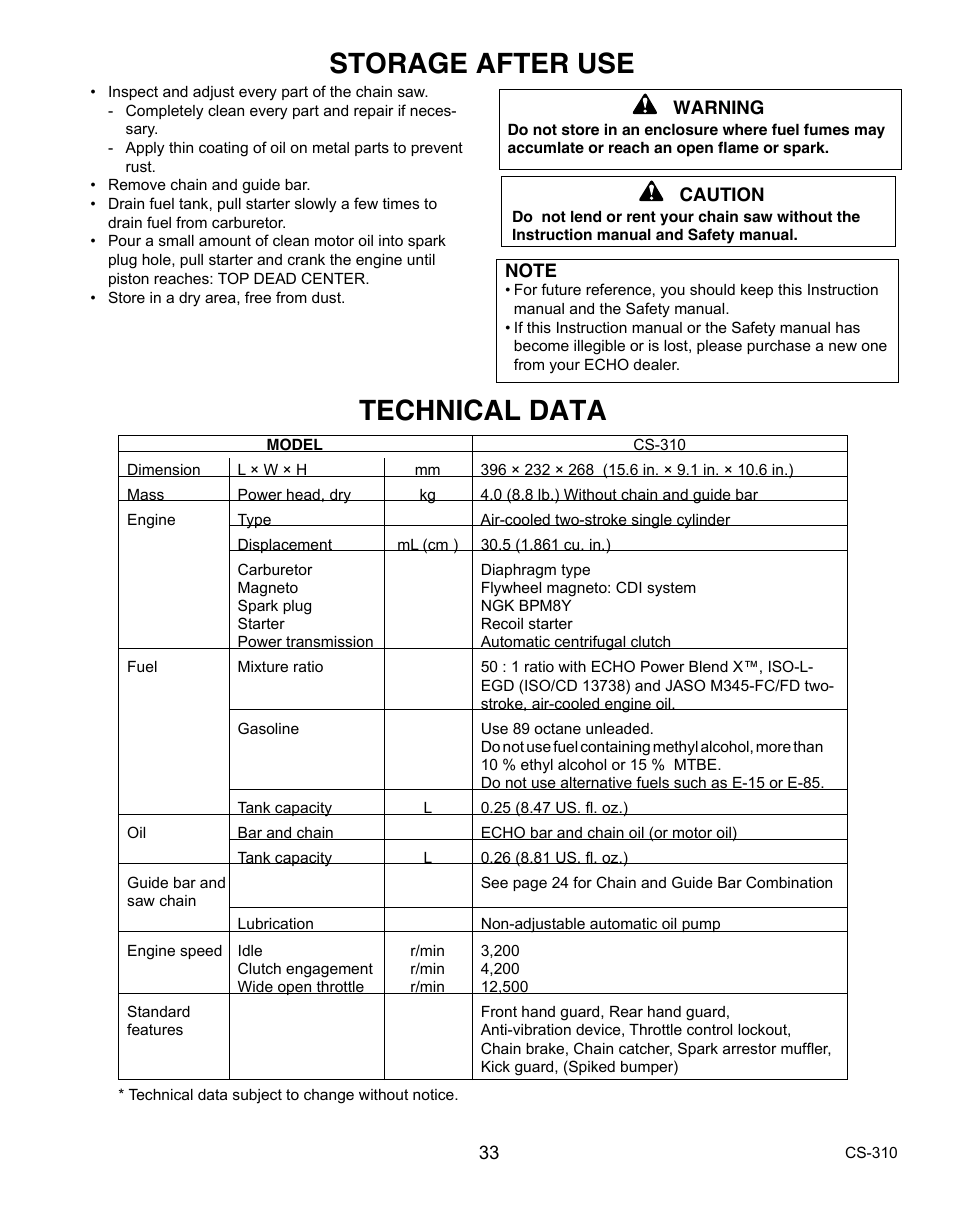 Storage after use, Technical data | Echo CS-310 User Manual | Page 33 / 40