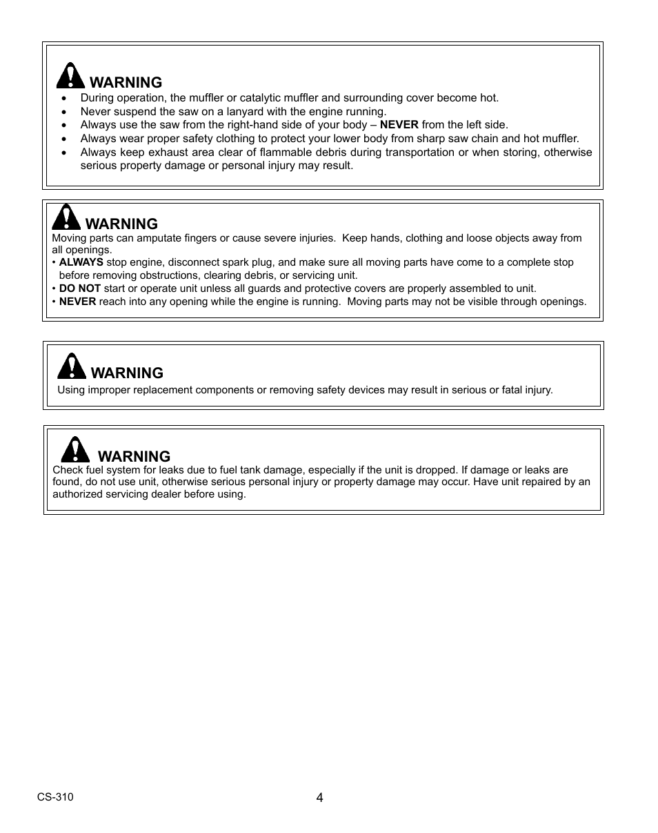 Warning | Echo CS-310 User Manual | Page 4 / 40