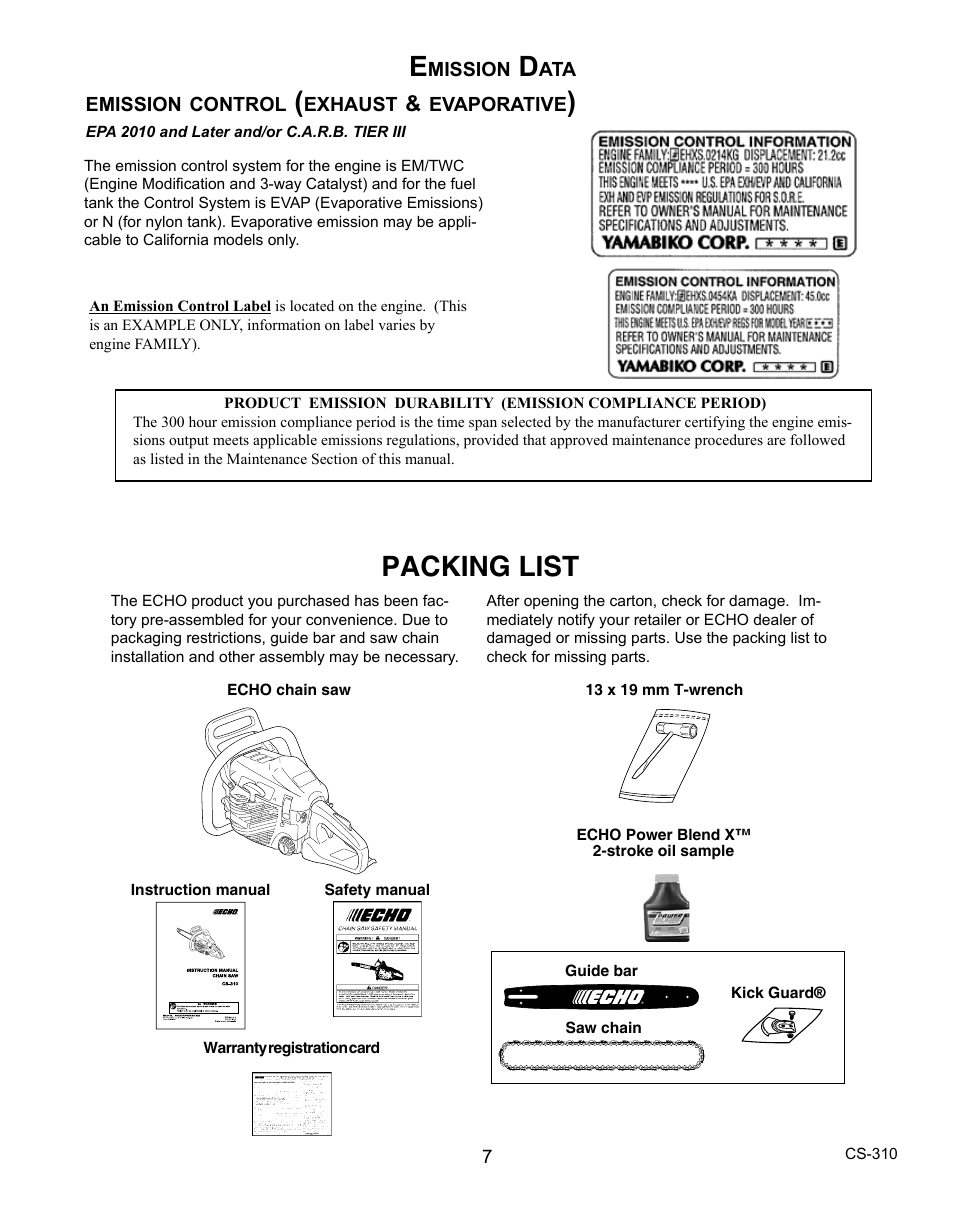 Packing list | Echo CS-310 User Manual | Page 7 / 40