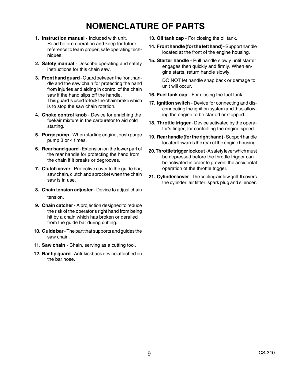 Nomenclature of parts | Echo CS-310 User Manual | Page 9 / 40