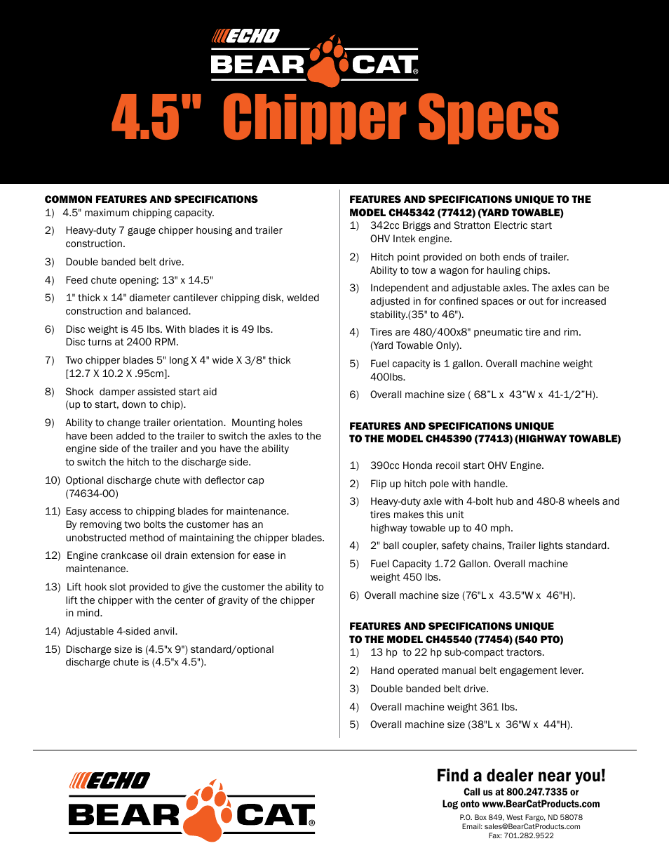 5" chipper specs, Find a dealer near you | Echo Bear Car CH45342 (77412) User Manual | Page 2 / 2