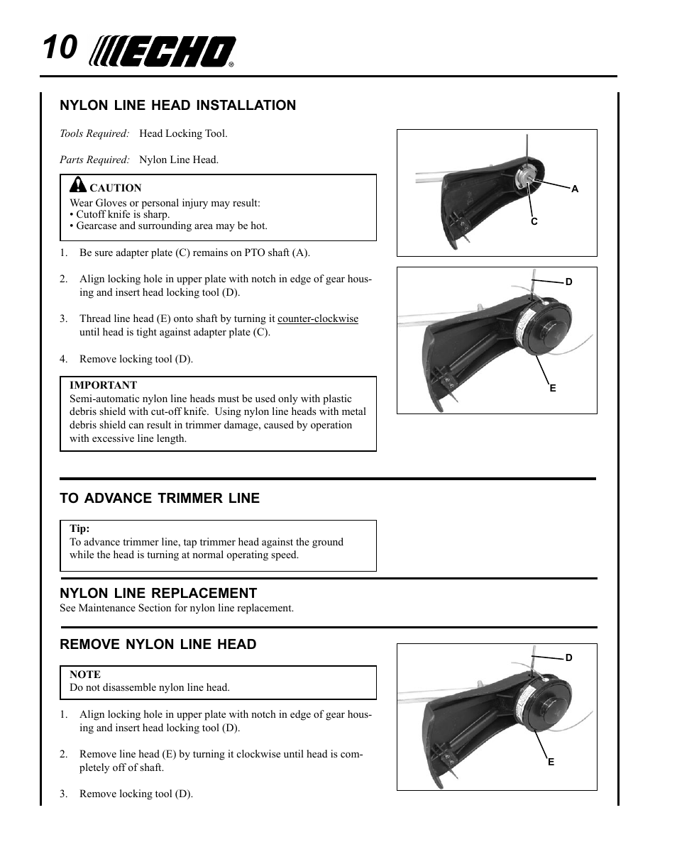 Nylon line head installation, To advance trimmer line, Nylon line replacement | Remove nylon line head | Echo SRM-225I User Manual | Page 10 / 36