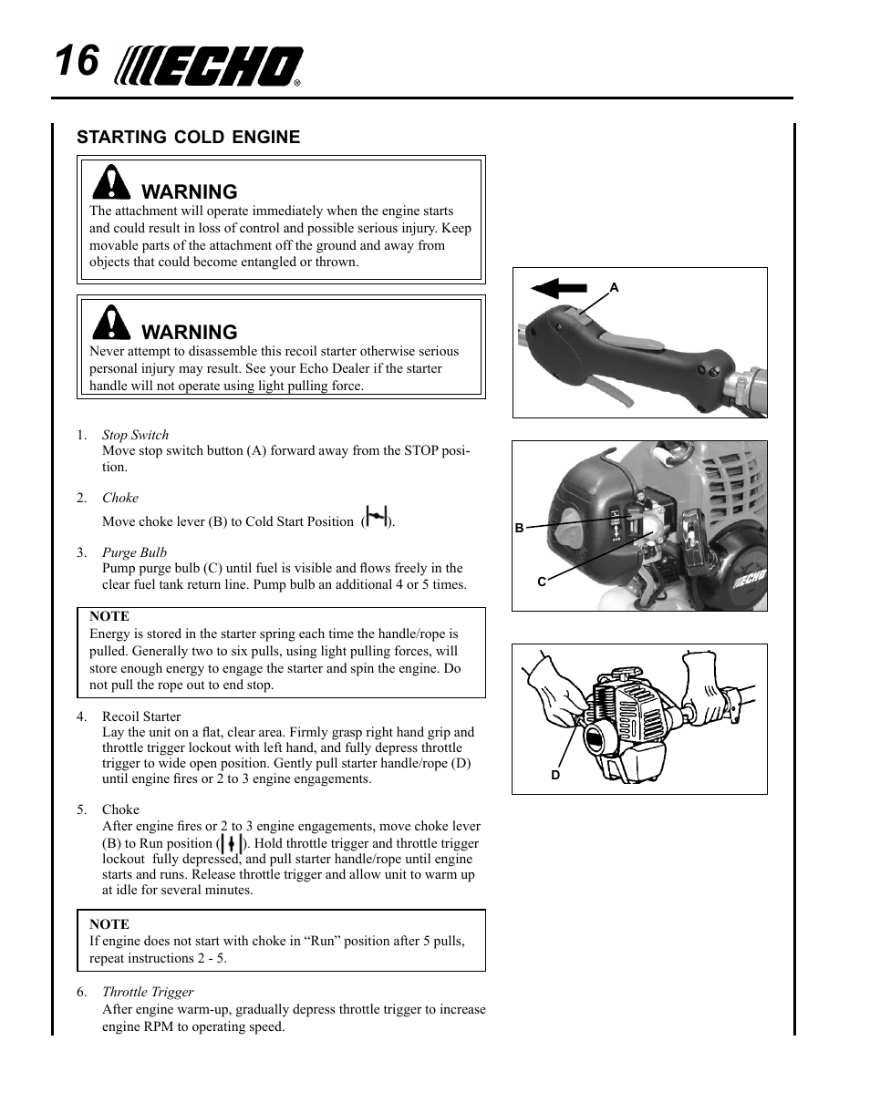 Starting cold engine, Warning | Echo SRM-225I User Manual | Page 16 / 36