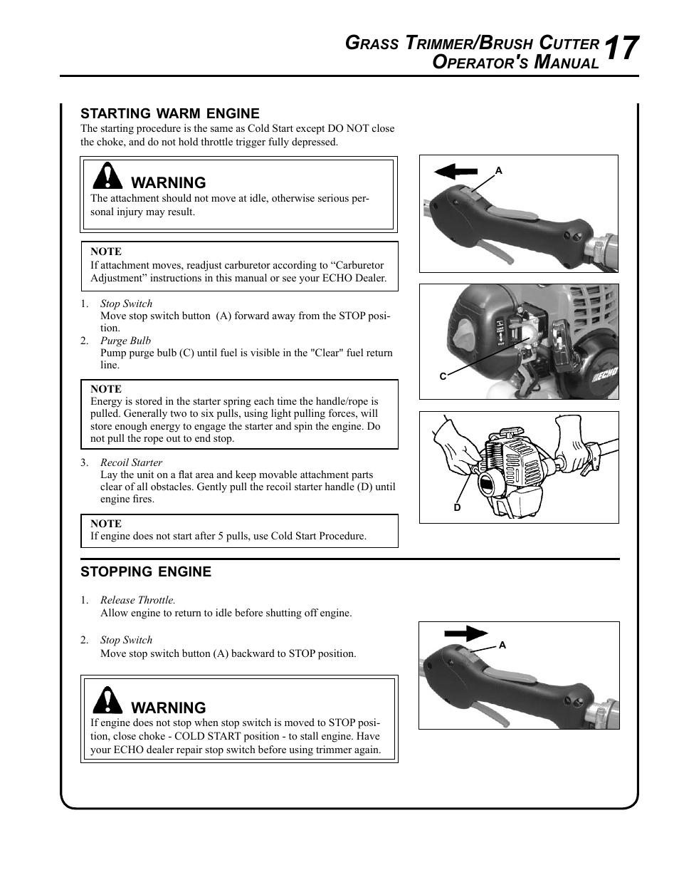 Starting warm engine, Stopping engine | Echo SRM-225I User Manual | Page 17 / 36