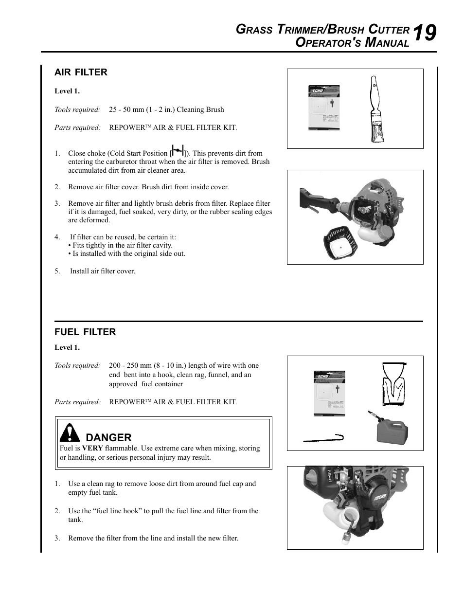 Air filter, Fuel filter | Echo SRM-225I User Manual | Page 19 / 36