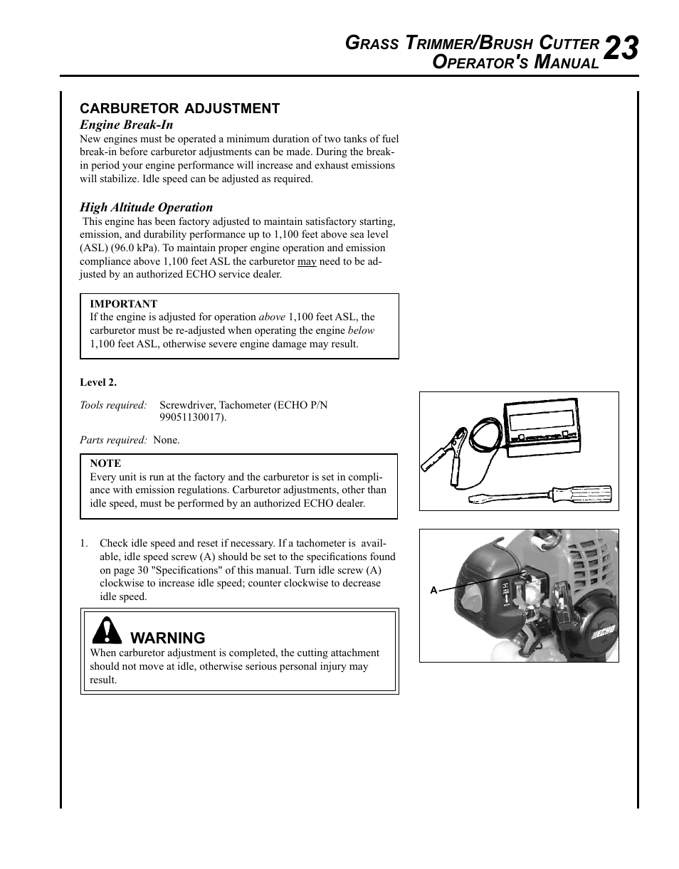 Carburetor adjustment | Echo SRM-225I User Manual | Page 23 / 36