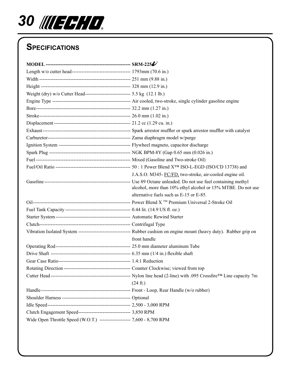 Specifications | Echo SRM-225I User Manual | Page 30 / 36