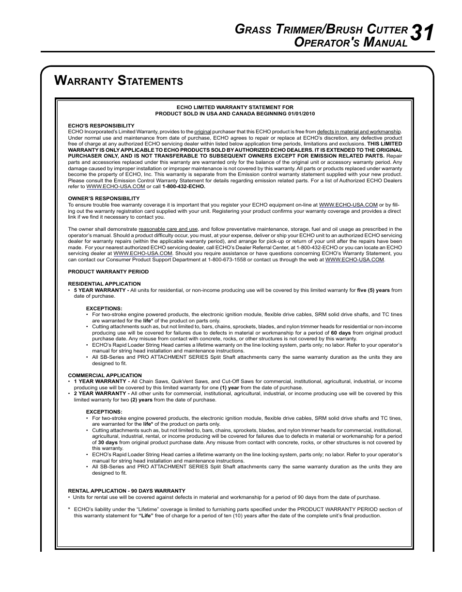 Warranty statements, Rass, Rimmer | Rush, Utter, Perator, Anual, Arranty, Tatements | Echo SRM-225I User Manual | Page 31 / 36