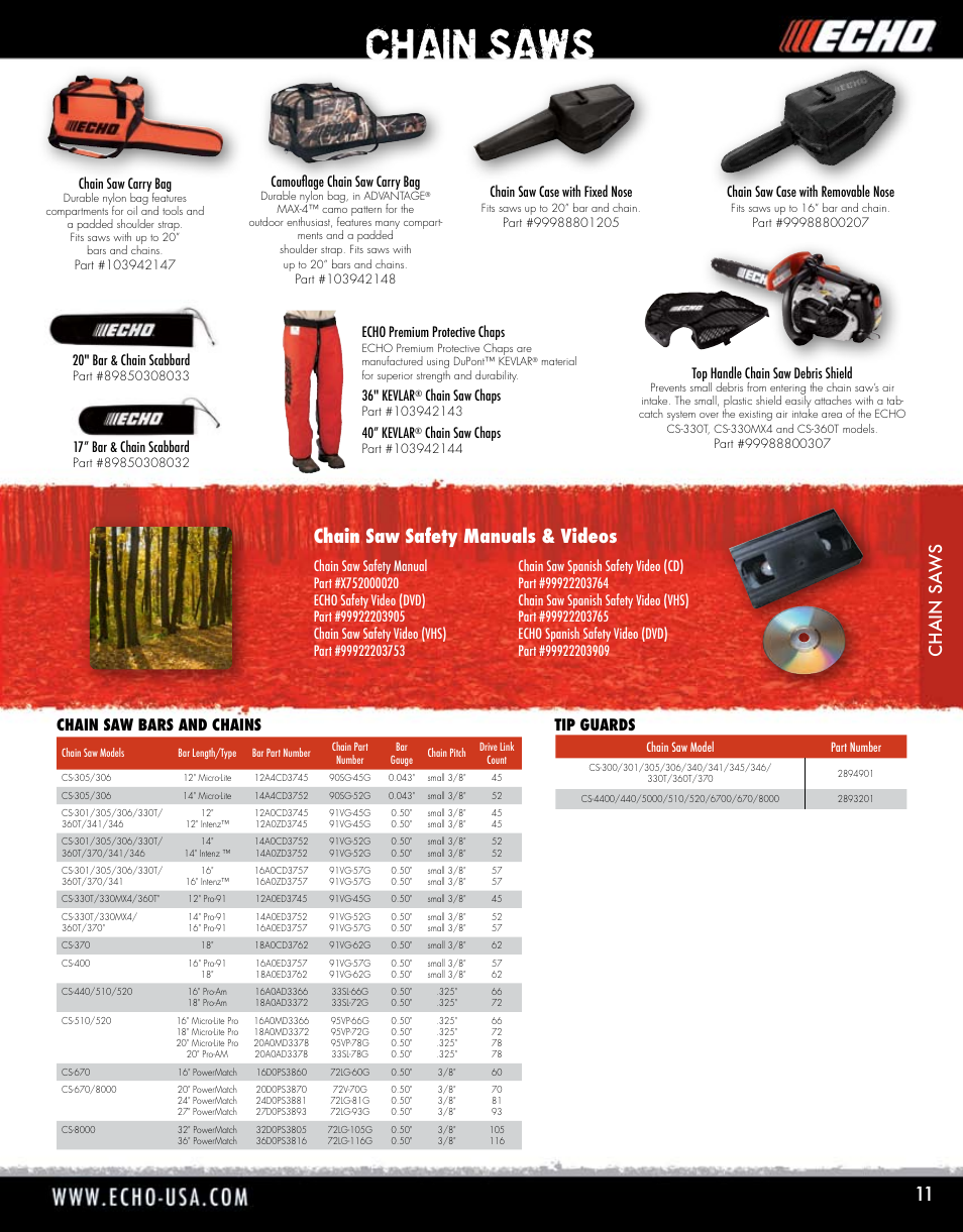 Chain saws, Chain saw safety manuals & videos, Chain saw bars and chains tip guards | Chain saw carry bag, Chain saw case with removable nose, Top handle chain saw debris shield, Chain saw case with fixed nose, Camouflage chain saw carry bag, 20" bar & chain scabbard, 17” bar & chain scabbard | Echo ELMO HV-110XG User Manual | Page 11 / 72
