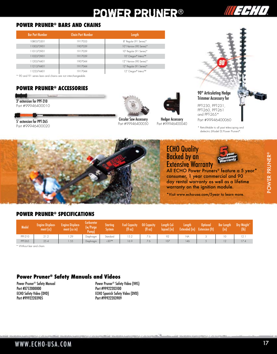 Echo quality backed by an extensive warranty, Power pruner, Safety manuals and videos | Accessories power pruner, Bars and chains power pruner, Specifications, Po wer pr uner | Echo ELMO HV-110XG User Manual | Page 17 / 72