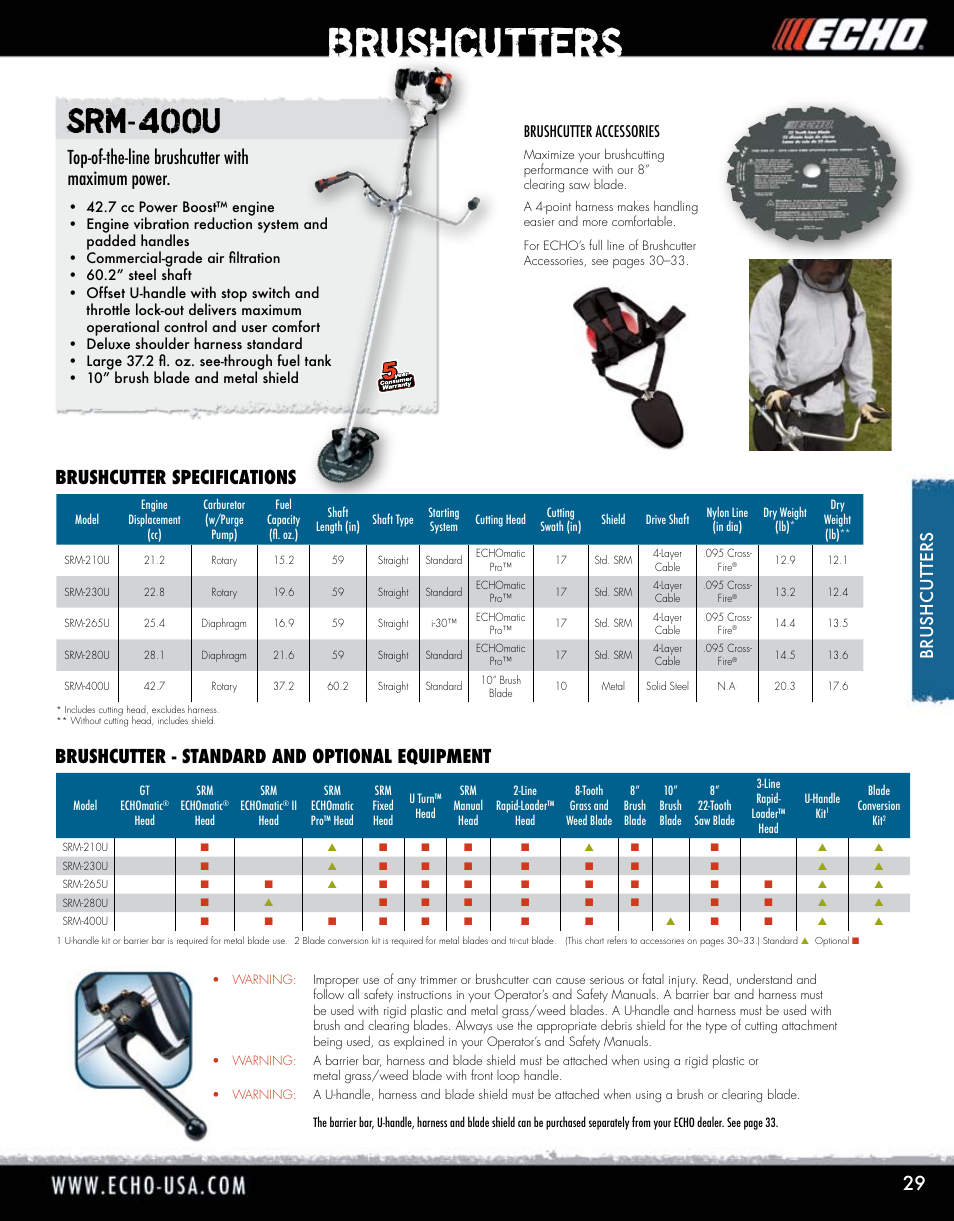 Brushcutters, Srm-400u, Top-of-the-line brushcutter with maximum power | Br ushcutters, Brushcutter accessories | Echo ELMO HV-110XG User Manual | Page 29 / 72
