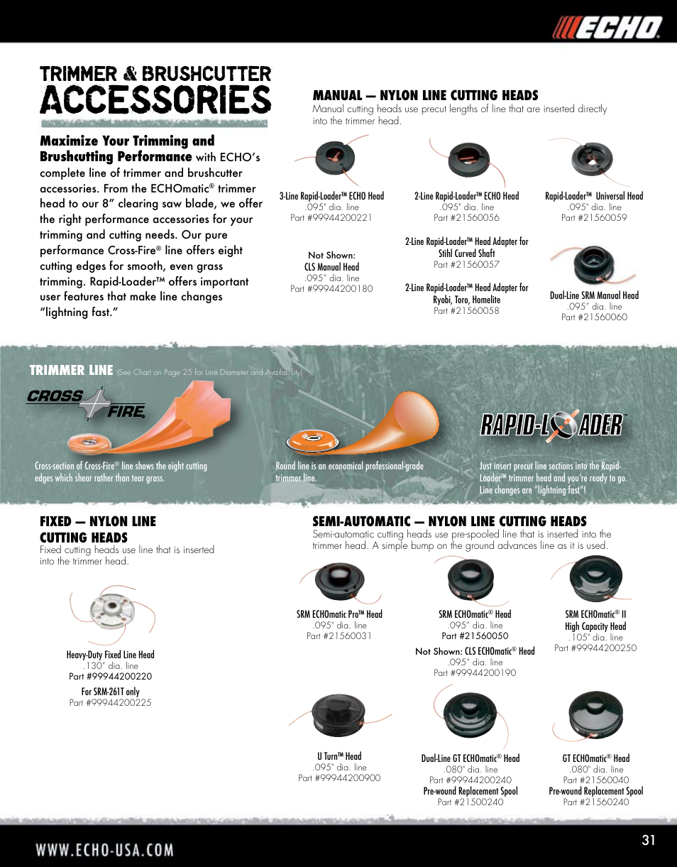 Accessories, Trimmer & brushcutter, Cross fire | Manual — nylon line cutting heads, Semi-automatic — nylon line cutting heads, Fixed — nylon line cutting heads, Trimmer line | Echo ELMO HV-110XG User Manual | Page 31 / 72