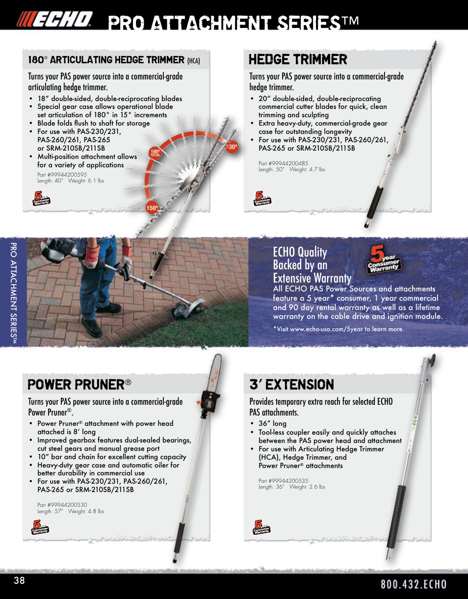 Pro attachment series, Power pruner, Hedge trimmer 3’ extension | Echo quality backed by an extensive warranty | Echo ELMO HV-110XG User Manual | Page 38 / 72