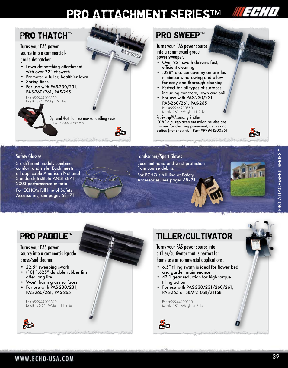 Pro attachment series, Pro thatch, Pro paddle | Pro sweep, Tiller/cultivator | Echo ELMO HV-110XG User Manual | Page 39 / 72