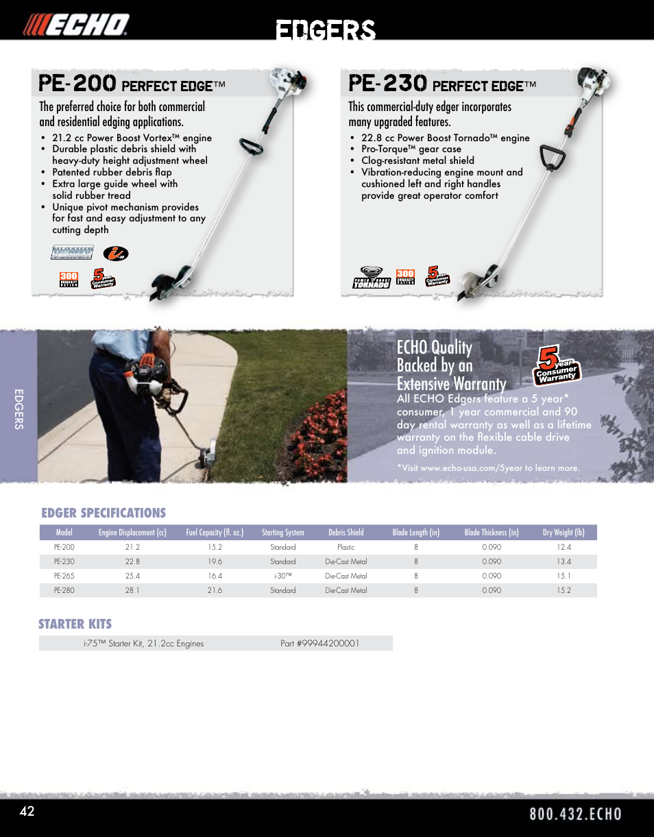 Edgers, Pe-200, Pe-230 | Echo quality backed by an extensive warranty, Perfect edge, Edger specifications starter kits | Echo ELMO HV-110XG User Manual | Page 42 / 72