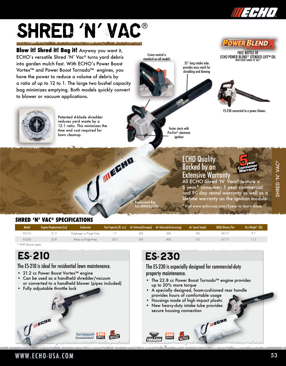 Shred ‘n’ vac, Echo quality backed by an extensive warranty, Blow it! shred it! bag it | Specifications | Echo ELMO HV-110XG User Manual | Page 53 / 72