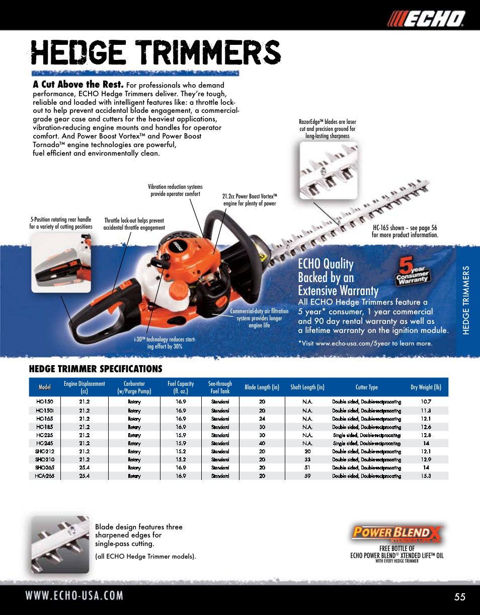 Hedge trimmers, Echo quality backed by an extensive warranty, A cut above the rest | Hedge trimmer specifications | Echo ELMO HV-110XG User Manual | Page 55 / 72