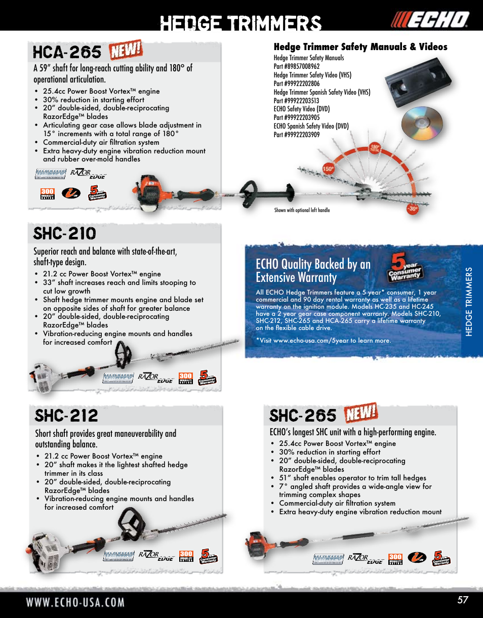 Hedge trimmers, Echo quality backed by an extensive warranty | Echo ELMO HV-110XG User Manual | Page 57 / 72