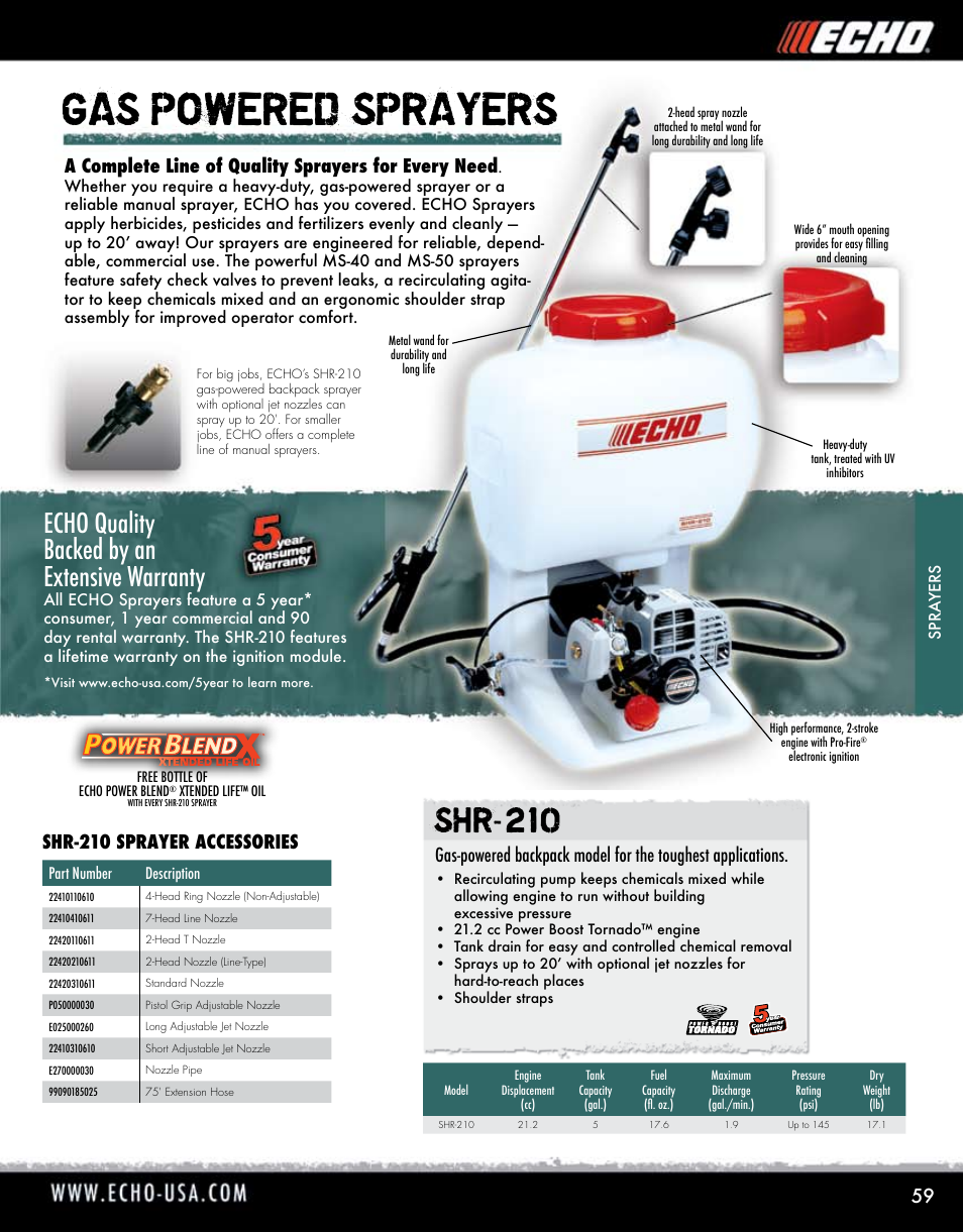 Gas powered sprayers, Shr-210, Echo quality backed by an extensive warranty | A complete line of quality sprayers for every need | Echo ELMO HV-110XG User Manual | Page 59 / 72