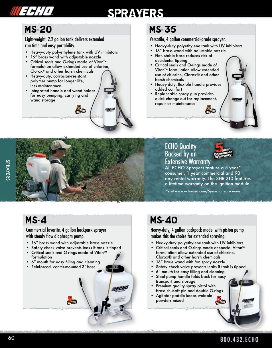 Sprayers, Ms-40 ms-4, Ms-35 ms-20 | Echo quality backed by an extensive warranty | Echo ELMO HV-110XG User Manual | Page 60 / 72