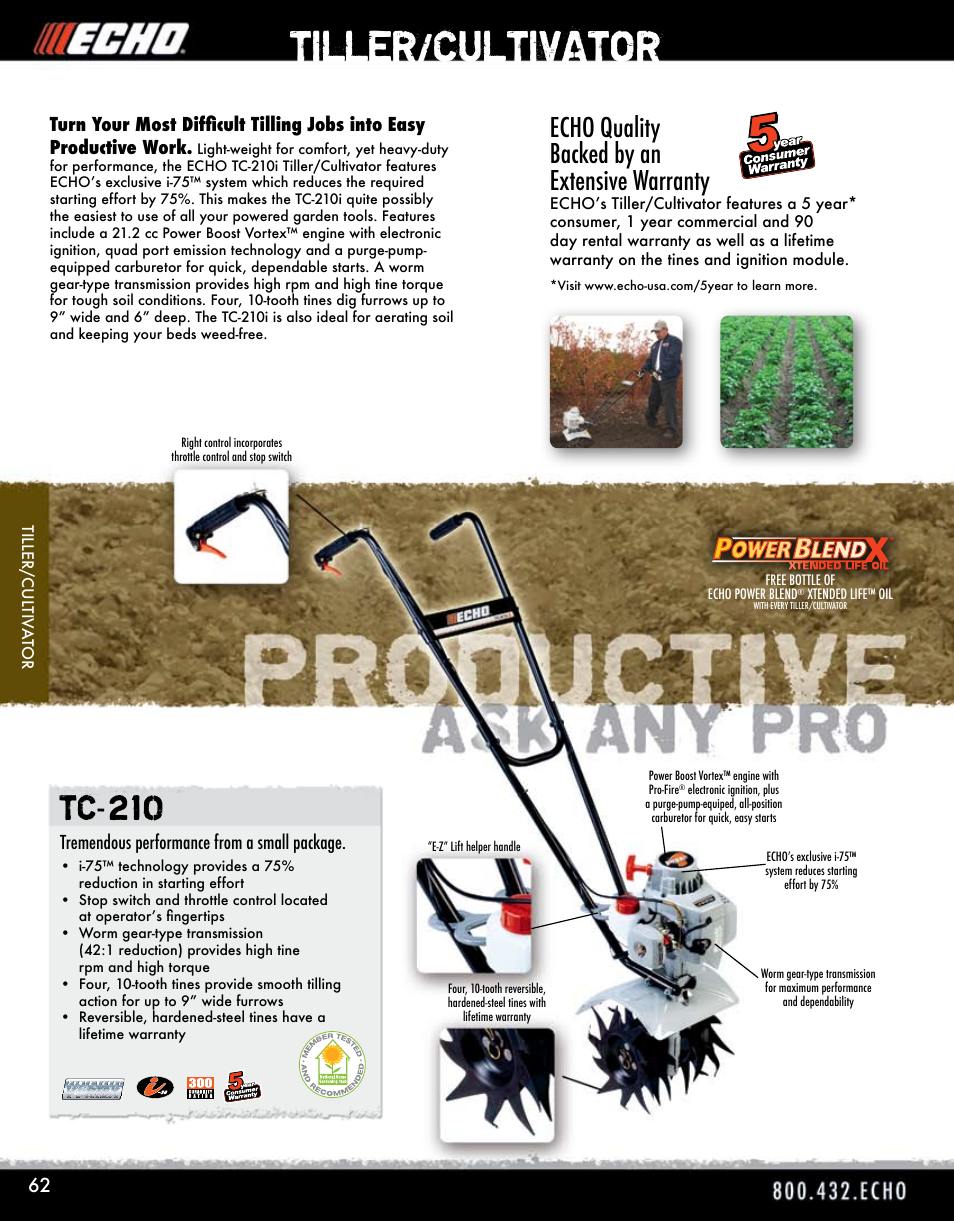 Tiller/cultivator, Tc-210, Echo quality backed by an extensive warranty | Echo ELMO HV-110XG User Manual | Page 62 / 72