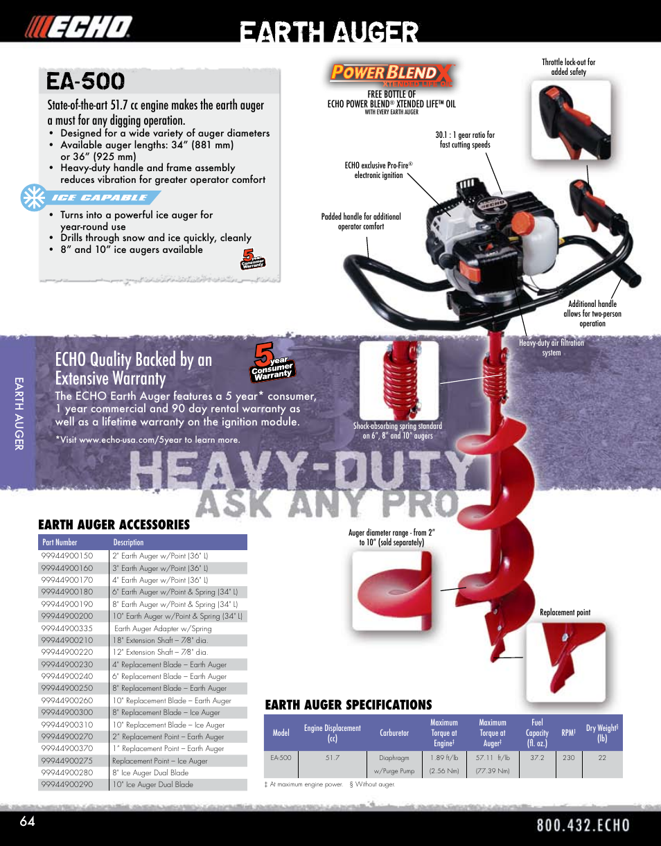 Earth auger, Ea-500, Echo quality backed by an extensive warranty | Earth auger specifications earth auger accessories | Echo ELMO HV-110XG User Manual | Page 64 / 72