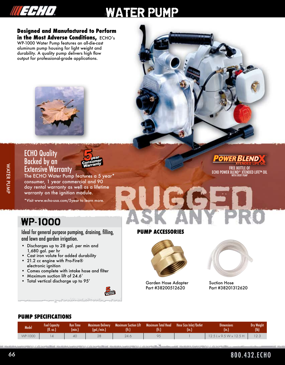 Water pump, Wp-1000, Echo quality backed by an extensive warranty | Pump specifications pump accessories | Echo ELMO HV-110XG User Manual | Page 66 / 72