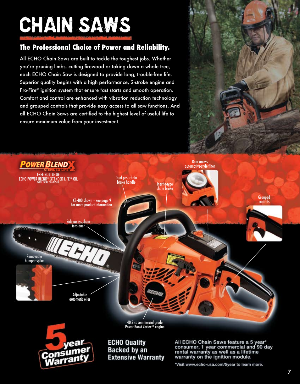 Chain saws, The professional choice of power and reliability | Echo ELMO HV-110XG User Manual | Page 7 / 72