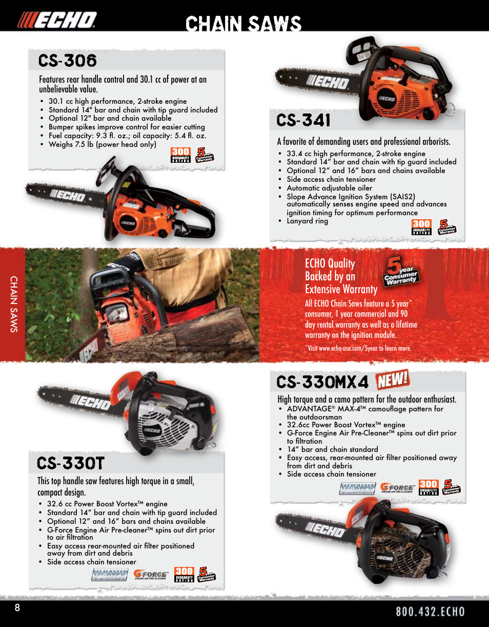 Chain saws, Echo quality backed by an extensive warranty | Echo ELMO HV-110XG User Manual | Page 8 / 72