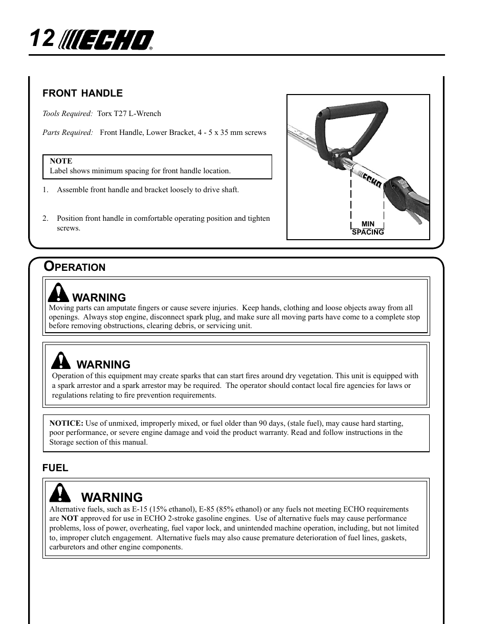 Front handle, Operation, Fuel | Warning | Echo POWER EDGER PE-265 User Manual | Page 12 / 32