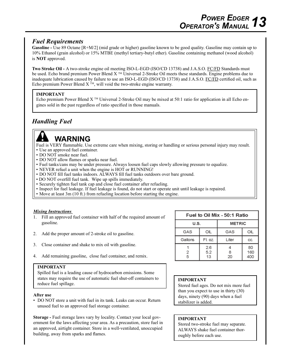 Warning, Handling fuel, Fuel requirements | Echo POWER EDGER PE-265 User Manual | Page 13 / 32