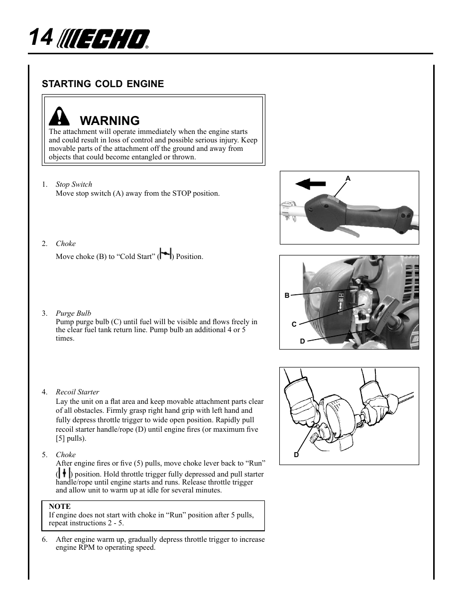 Starting cold engine, Warning | Echo POWER EDGER PE-265 User Manual | Page 14 / 32